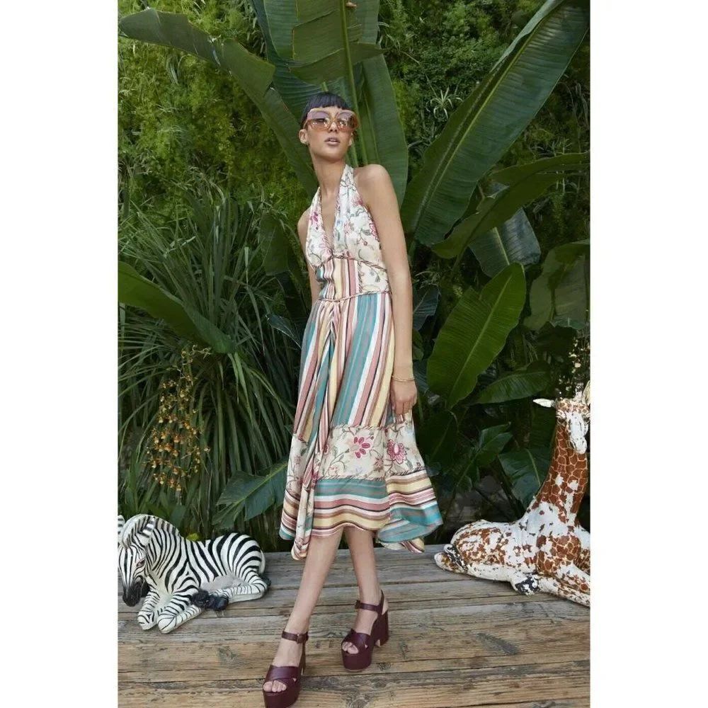 NEW ANTHROPOLOGIE BURNING TORCH Sz S CALVERT CAMELIA HALTER MIDI DRESS